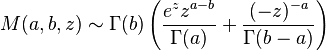 M(a,b,z)\sim\Gamma(b)\left(\frac{e^zz^{a-b}}{\Gamma(a)}+\frac{(-z)^{-a}}{\Gamma(b-a)}\right)