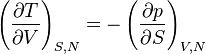 ~ \left ( {\partial T\over \partial V} \right )_{S,N} 
= -\left ( {\partial p\over \partial S} \right )_{V,N} ~