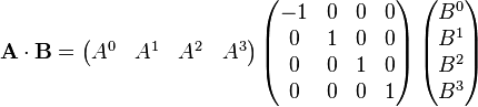 \mathbf{A \cdot B} = \left( \begin{matrix}A^0 & A^1 & A^2 & A^3 \end{matrix} \right) 
\left( \begin{matrix} -1 & 0 & 0 & 0 \\ 0 & 1 & 0 & 0 \\ 0 & 0 & 1 & 0 \\ 0 & 0 & 0 & 1 \end{matrix} \right)
\left( \begin{matrix}B^0 \\ B^1 \\ B^2 \\ B^3 \end{matrix} \right) 