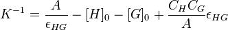 K^{-1}=\frac{A}{\epsilon_{HG}} - [H]_0 - [G]_0 + \frac{C_HC_G}{A}\epsilon_{HG}