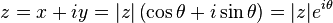 
z = x + iy = |z|\left(\cos\theta + i\sin\theta\right) = |z|e^{i\theta}
