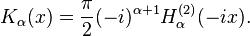 K_\alpha(x) = \frac{\pi}{2} (-i)^{\alpha+1} H_\alpha^{(2)}(-ix).