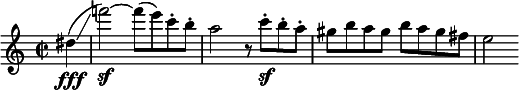  \relative c'' { \clef treble \key a \minor \time 2/2 \partial 4*1 dis\fff(\glissando | f'!2\sf)~ f8( e) c-. b-. | a2 r8 c\sf-. b-. a-. | gis b a gis b a gis fis | e2 } 