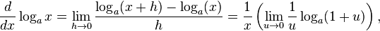 \frac{d}{dx}\log_a x = \lim_{h\to 0}\frac{\log_a(x+h)-\log_a(x)}{h}=\frac{1}{x}\left(\lim_{u\to 0}\frac{1}{u}\log_a(1+u)\right),