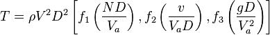 T = \rho V^2 D^2 \left[ f_1\left(\frac {ND}{V_a}\right), f_2\left(\frac {v}{V_a D}\right), f_3\left(\frac {gD}{V_a^2}\right) \right]