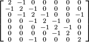 \left [
\begin{smallmatrix}
 2 & -1 &  0 &  0 &  0 &  0 &  0 \\
-1 &  2 & -1&  0 &  0 &  0 &  0  \\
 0 & -1 &  2 & -1 &  0 &  0 &  -1 \\
 0 &  0 & -1 &  2 & -1 &  0 &  0 \\
 0 &  0 &  0 & -1 &  2 & -1 &  0 \\
 0 &  0 &  0 &  0 & -1 &  2 & 0 \\
 0 &  0 & -1 &  0 &  0 &  0 &  2
\end{smallmatrix}\right ]