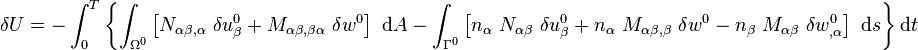 
  \delta U = - \int_0^T \left\{\int_{\Omega^0} \left[N_{\alpha\beta,\alpha}~\delta u^0_{\beta} 
    + M_{\alpha\beta,\beta\alpha}~\delta w^0\right]~\mathrm{d}A
  - \int_{\Gamma^0} \left[n_\alpha~N_{\alpha\beta}~\delta u^0_{\beta} 
    + n_\alpha~M_{\alpha\beta,\beta}~\delta w^0
    - n_\beta~M_{\alpha\beta}~\delta w^0_{,\alpha}\right]~\mathrm{d}s \right\}\mathrm{d}t
