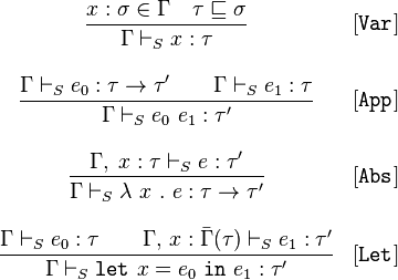 
\begin{array}{cl}
\displaystyle\frac{x:\sigma \in \Gamma \quad \tau \sqsubseteq \sigma}{\Gamma \vdash_S x:\tau}&[\mathtt{Var}]\\ \\
\displaystyle\frac{\Gamma \vdash_S e_0:\tau \rightarrow \tau' \quad\quad \Gamma \vdash_S e_1 : \tau }{\Gamma \vdash_S e_0\ e_1 : \tau'}&[\mathtt{App}]\\ \\
\displaystyle\frac{\Gamma,\;x:\tau\vdash_S e:\tau'}{\Gamma \vdash_S \lambda\ x\ .\ e : \tau \rightarrow \tau'}&[\mathtt{Abs}]\\ \\
\displaystyle\frac{\Gamma \vdash_S e_0:\tau \quad\quad \Gamma,\,x:\bar{\Gamma}(\tau) \vdash_S e_1:\tau'}{\Gamma \vdash_S \mathtt{let}\ x = e_0\ \mathtt{in}\ e_1 :  \tau'}&[\mathtt{Let}]
\end{array}
