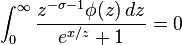 \int_{0}^\infty\frac{z^{-\sigma-1}\phi(z)\,dz}{{e^{x/z}}+1}=0 