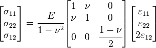 
   \begin{bmatrix}\sigma_{11} \\ \sigma_{22} \\ \sigma_{12} \end{bmatrix}
   = \cfrac{E}{1-\nu^2}
   \begin{bmatrix} 1 & \nu & 0 \\
                   \nu & 1 & 0 \\
                   0 & 0 & \cfrac{1-\nu}{2} \end{bmatrix}
    \begin{bmatrix}\varepsilon_{11} \\ \varepsilon_{22} \\ 2\varepsilon_{12} \end{bmatrix}
 