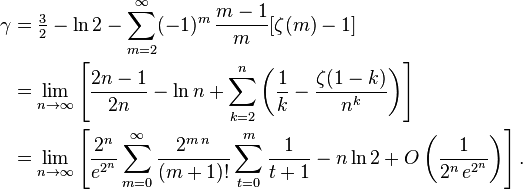 \begin{align} \gamma &= \tfrac3{2}- \ln 2 - \sum_{m=2}^\infty (-1)^m\,\frac{m-1}{m}[\zeta(m)-1] \\
 &= \lim_{n\to\infty}\left[\frac{2n-1}{2n} - \ln n + \sum_{k=2}^n \left(\frac1{k} - \frac{\zeta(1-k)}{n^k}\right)\right] \\
 &= \lim_{n\to\infty}\left[\frac{2^n}{e^{2^n}} \sum_{m=0}^\infty \frac{2^{m\,n}}{(m+1)!} \sum_{t=0}^m \frac1{t+1} - n \ln 2+ O \left (\frac1{2^{n}\, e^{2^n}}\right)\right].\end{align}