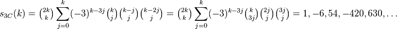 s_{3C}(k)=\tbinom{2k}{k}\sum_{j=0}^k (-3)^{k-3j}\tbinom{k}{j}\tbinom{k-j}{j}\tbinom{k-2j}{j} =\tbinom{2k}{k}\sum_{j=0}^k(-3)^{k-3j}\tbinom{k}{3j}\tbinom{2j}{j}\tbinom{3j}{j} = 1, -6, 54, -420, 630,\dots