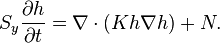 S_y\frac{\partial h}{\partial t} = \nabla \cdot (K h \nabla h) + N. 