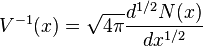  V^{-1}(x) = \sqrt{4\pi} \frac{d^{1/2}N(x)}{dx^{1/2}} 