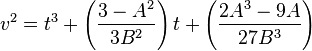 v^2 = t^3 + \left(\frac{3-A^2}{3B^2}\right)t + \left(\frac{2A^3-9A}{27B^3}\right)