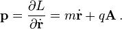 \mathbf{p} = \frac{\partial L}{\partial \dot{\mathbf{r}}} = m \dot{\mathbf{r}} + q \mathbf{A} \,. 