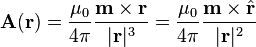 \mathbf{A}(\mathbf r)=\frac{\mu_{0}}{4\pi}\frac{\mathbf m\times\mathbf r}{|\mathbf r|^3}=\frac{\mu_{0}}{4\pi}\frac{\mathbf m\times \hat\mathbf r}{|\mathbf r|^2}