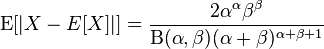 \operatorname{E}[|X - E[X]|] = \frac{2 \alpha^{\alpha} \beta^{\beta}}{\Beta(\alpha,\beta)(\alpha + \beta)^{\alpha + \beta + 1}} 