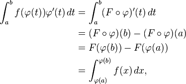 
\begin{align}
\int_a^b f(\varphi(t))\varphi'(t)\,dt
&= \int_a^b (F \circ \varphi)'(t)\,dt \\
&= (F \circ \varphi)(b) - (F \circ \varphi)(a) \\
&= F(\varphi(b)) - F(\varphi(a)) \\
&= \int_{\varphi(a)}^{\varphi(b)} f(x)\,dx,
\end{align}
