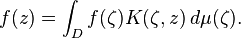 f(z) = \int_D f(\zeta)K(\zeta,z)\,d\mu(\zeta).