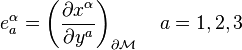 
e^\alpha_a = \left( {\partial x^\alpha \over \partial y^a} \right)_{\partial \mathcal{M}} \quad a=1,2,3
