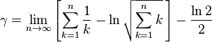 \gamma = \lim_{n\to\infty}\left[\sum_{k=1}^n \frac1{k} - \ln\sqrt{\sum_{k=1}^n k}\,\right] - \frac{\ln 2}{2}