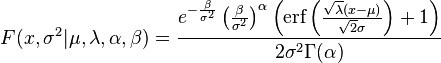 F(x,\sigma^2|\mu,\lambda,\alpha,\beta) =  \frac{e^{-\frac{\beta }{\sigma ^2}} \left(\frac{\beta }{\sigma ^2}\right)^{\alpha }
   \left(\text{erf}\left(\frac{\sqrt{\lambda } (x-\mu )}{\sqrt{2} \sigma }\right)+1\right)}{2
   \sigma ^2 \Gamma (\alpha )} 