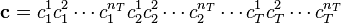 \mathbf{c} = c_1^1c_1^2\cdots c_1^{n_T}c_2^1c_2^2\cdots c_2^{n_T}\cdots c_T^1c_T^2\cdots c_T^{n_T}