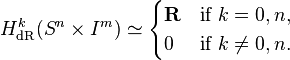 H_{\mathrm{dR}}^{k}(S^n \times I^m) \simeq \begin{cases} \mathbf{R} & \mbox{if } k = 0,n, \\ 0 & \mbox{if } k \ne 0,n. \end{cases}