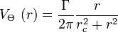 V_\Theta\ (r) = \frac{\Gamma}{2\pi} \frac{r}{r_c^2 + r^2} 