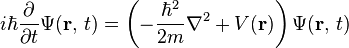 i\hbar\frac{\partial}{\partial t} \Psi(\mathbf{r},\,t) =  \left(-\frac{\hbar^2}{2m}\nabla^2 + V(\mathbf{r})\right)\Psi(\mathbf{r},\,t)