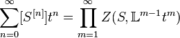 \sum_{n=0}^\infty[S^{[n]}]t^n=\prod_{m=1}^\infty Z(S,{\Bbb L}^{m-1}t^m)