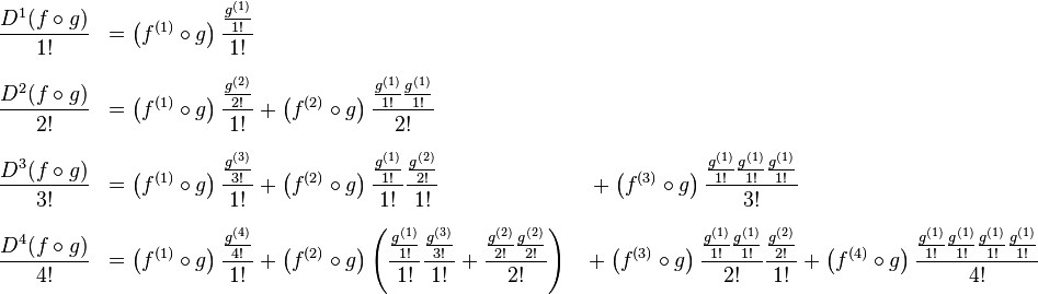 \begin{align} & \frac{D^1(f\circ{}g)}{1!} & = \left(f^{(1)}\circ{}g\right)\frac{\frac{g^{(1)} }{1!} }{1!} \\[8pt]
& \frac{D^2(f\circ g)}{2!} & = \left(f^{(1)}\circ{}g\right)\frac{\frac{g^{(2)} }{2!} }{1!} & {} + \left(f^{(2)}\circ{}g\right)\frac{\frac{g^{(1)} }{1!}\frac{g^{(1)} }{1!} }{2!} \\[8pt]
& \frac{D^3(f\circ g)}{3!} & = \left(f^{(1)}\circ{}g\right)\frac{\frac{g^{(3)} }{3!} }{1!} & {} + \left(f^{(2)}\circ{}g\right)\frac{\frac{g^{(1)} }{1!} }{1!}\frac{\frac{g^{(2)} }{2!} }{1!} & {} + \left(f^{(3)}\circ{}g\right)\frac{\frac{g^{(1)} }{1!}\frac{g^{(1)} }{1!}\frac{g^{(1)} }{1!} }{3!} \\[8pt]
& \frac{D^4(f\circ g)}{4!} & = \left(f^{(1)}\circ{}g\right)\frac{\frac{g^{(4)} }{4!} }{1!} & {} + \left(f^{(2)}\circ{}g\right)\left(\frac{\frac{g^{(1)} }{1!} }{1!}\frac{\frac{g^{(3)} }{3!} }{1!}+\frac{\frac{g^{(2)} }{2!}\frac{g^{(2)} }{2!} }{2!}\right) & {} + \left(f^{(3)}\circ{}g\right)\frac{\frac{g^{(1)} }{1!}\frac{g^{(1)} }{1!} }{2!}\frac{\frac{g^{(2)} }{2!} }{1!} & {} + \left(f^{(4)}\circ{}g\right)\frac{\frac{g^{(1)} }{1!}\frac{g^{(1)} }{1!}\frac{g^{(1)} }{1!}\frac{g^{(1)} }{1!} }{4!}
\end{align}