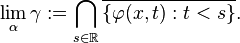 \lim_\alpha \gamma := \bigcap_{s\in \mathbb{R}}\overline{\{\varphi(x,t):t<s\}}.