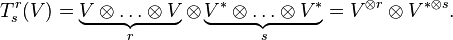  T^r_s(V) = \underbrace{ V\otimes \dots \otimes V}_{r} \otimes \underbrace{ V^*\otimes \dots \otimes V^*}_{s} = V^{\otimes r}\otimes V^{*\otimes s}.