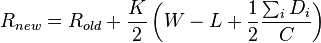  R_{ new } = R_{ old } + \frac{ K }{ 2 } \left( W - L + \frac{ 1 }{ 2 } \frac{ \sum_i D_i }{ C } \right ) 