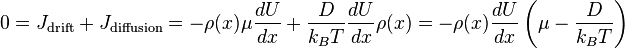 0 = J_\mathrm{drift} + J_\mathrm{diffusion} = -\rho(x) \mu \frac{dU}{dx} + \frac{D}{k_B T} \frac{dU}{dx}\rho(x) = -\rho(x)\frac{dU}{dx} \left(\mu - \frac{D}{k_B T} \right)