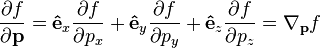 
\frac{\partial f}{\partial \mathbf{p}} = \mathbf{\hat{e}}_x\frac{\partial f}{\partial p_x} + \mathbf{\hat{e}}_y\frac{\partial f}{\partial p_y}+\mathbf{\hat{e}}_z\frac{\partial f}{\partial p_z}= \nabla_\mathbf{p}f
