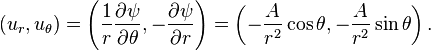 (u_r, u_\theta)=\left( \frac{1}{r} {\partial \psi \over \partial \theta}, - {\partial \psi \over \partial r} \right) = \left(-\frac{A}{r^2}\cos\theta, -\frac{A}{r^2}\sin\theta\right).