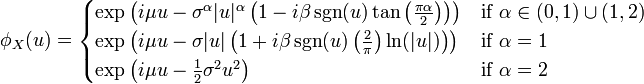 
\phi_X(u) =
\begin{cases}
\exp\left( i\mu u - \sigma^\alpha |u|^\alpha \left( 1-i\beta
\operatorname{sgn}(u) \tan\left(
 \frac{\pi\alpha}{2}\right)\right)\right)
 & \text{if } \alpha \in(0,1)\cup(1,2) \\
\exp\left(  i\mu u - \sigma |u| \left( 1+i\beta \operatorname{sgn}(u)
\left(
 \frac{2}{\pi}\right)\ln(|u|)\right)\right)
 & \text{if } \alpha = 1 \\
\exp\left( i\mu u - \frac{1}{2} \sigma^2 u^2\right)
 & \text{if }\alpha = 2
\end{cases}
