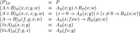 
\begin{array}{lcl}
(P)_D & \equiv & P \\
(A \wedge B)_D(x, v; y, w) & \equiv & A_D(x; y) \wedge B_D(v; w) \\
(A \vee B)_D(x, v, z; y, w) & \equiv & (z = 0 \rightarrow A_D(x; y)) \wedge (z \neq 0 \to B_D(v; w)) \\
(A \rightarrow B)_D(f, g; x, w) & \equiv & A_D(x; f x w) \rightarrow B_D(g x; w) \\
(\exists z A)_D(x, z; y) & \equiv & A_D(x; y) \\
(\forall z A)_D(f; y, z) & \equiv & A_D(f z; y)
\end{array}
