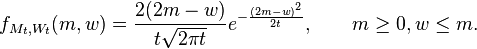  f_{M_t,W_t}(m,w) = \frac{2(2m - w)}{t\sqrt{2 \pi t}} e^{-\frac{(2m-w)^2}{2t}}, \qquad m \ge 0, w \leq m.