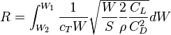 R=\int_{W_2}^{W_1}\frac{1}{c_T W} \sqrt{\frac{W}{S}\frac{2}{\rho}\frac{C_L}{C_D^2}}dW