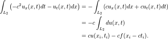 \begin{align}
\int_{L_2} \left ( - c^2 u_x(x,t) dt - u_t(x,t) dx \right ) &= - \int_{L_2} \left ( c u_x(x,t) dx + c u_t(x,t) dt \right )\\
&= - c \int_{L_2} d u(x,t) \\
&= c u(x_i,t_i) - c f(x_i - c t_i).
\end{align}