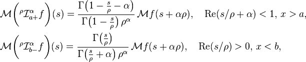 
\begin{align}
 & \mathcal{M}\bigg({}^\rho \mathcal{I}^\alpha_{a+}f\bigg)(s) = \frac{\Gamma\big(1-\frac{s}{\rho}-\alpha\big)}{\Gamma\big(1-\frac{s}{\rho}\big)\,\rho^\alpha}\, \mathcal{M}f(s + \alpha\rho), \quad \operatorname{Re}(s/\rho + \alpha) < 1, \, x > a,    \\
 & \mathcal{M}\bigg({}^\rho \mathcal{I}^\alpha_{b-}f\bigg)(s) = \frac{\Gamma\big(\frac{s}{\rho}\big)}{\Gamma\big(\frac{s}{\rho} + \alpha\big)\,\rho^\alpha}\, \mathcal{M}f(s + \alpha\rho), \quad \operatorname{Re}(s/\rho) > 0, \, x < b, \\
\end{align}
