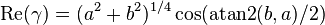 \mathrm{Re}(\gamma) = (a^2 + b^2)^{1/4} \cos(\mathrm{atan2}(b,a)/2) \,