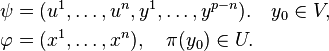 \begin{align}\psi &= (u^1,\dots,u^n,y^1,\dots,y^{p-n}). \quad y_{0}\in V,\\
\varphi &= (x^1,\dots,x^n), \quad \pi(y_{0})\in U.\end{align}