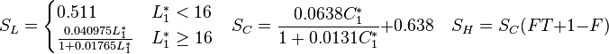 S_L=\begin{cases} 0.511 & L^*_1 < 16 \\ \frac{0.040975 L^*_1}{1+0.01765 L^*_1} & L^*_1 \geq 16 \end{cases} \quad S_C=\frac{0.0638 C^*_1}{1+0.0131 C^*_1} + 0.638 \quad S_H=S_C (FT+1-F)