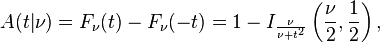 A(t|\nu) = F_\nu(t) - F_\nu(-t) = 1 - I_{\frac{\nu}{\nu +t^2}}\left(\frac{\nu}{2},\frac{1}{2}\right),