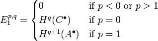 E^{p,q}_1
= \begin{cases}
0 & \text{if } p < 0 \text{ or } p > 1 \\
H^q(C^\bull) & \text{if } p = 0 \\
H^{q+1}(A^\bull) & \text{if } p = 1 \end{cases}